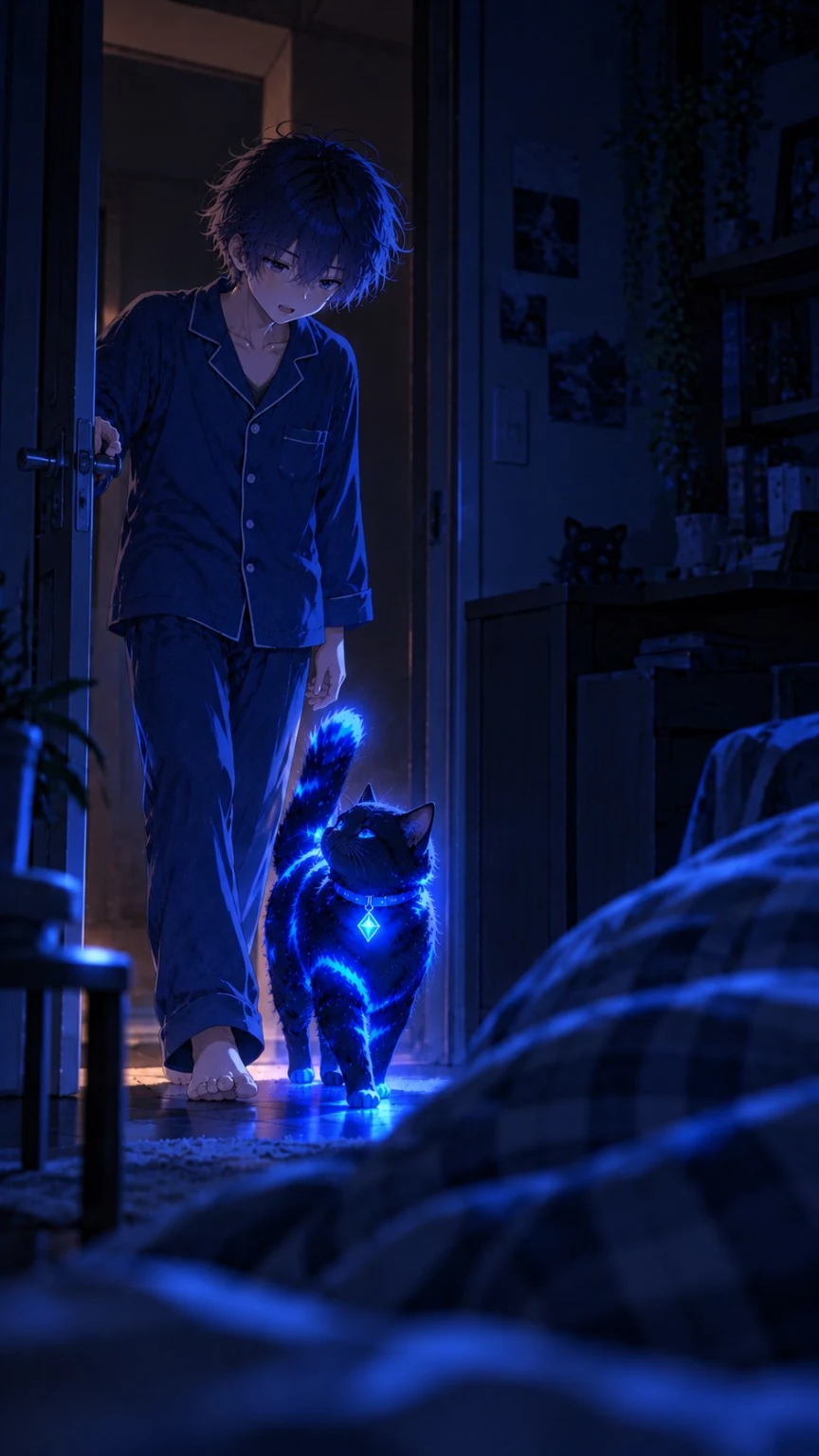 夜の部屋と青い光のイラスト