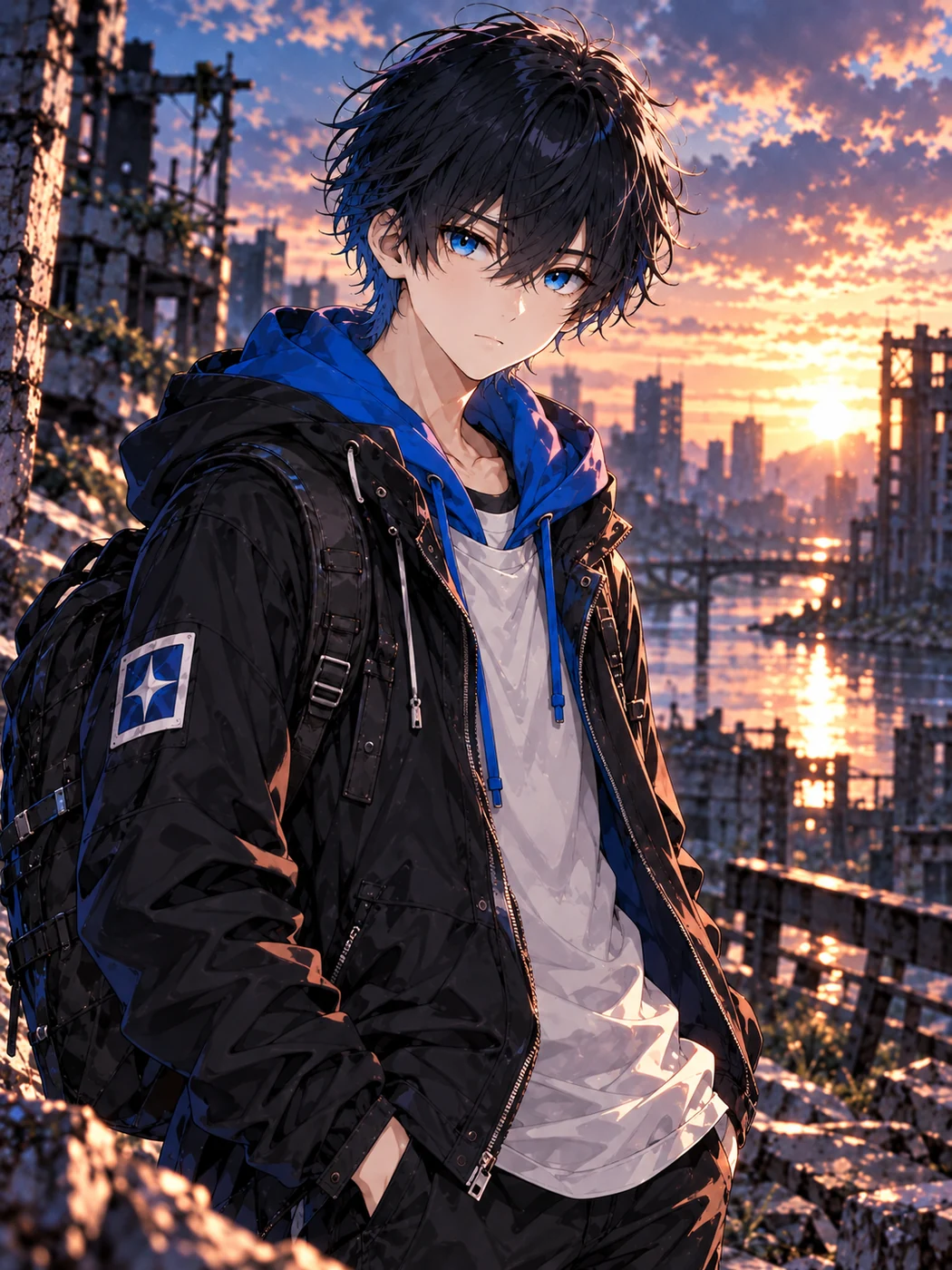黒髪に青い瞳を持つ蒼宮レイの人物紹介イラスト