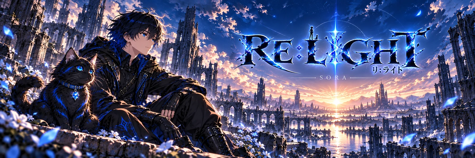 レイと青い瞳の猫ルカが、夕暮れの崩壊した街を見渡す『RE:LIGHT』のキービジュアル